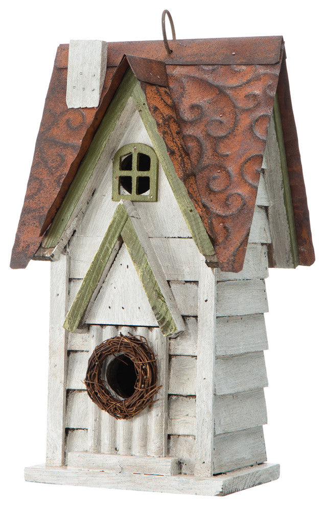 12"H Washed White Distressed Solid Wood Cottage Birdhouse