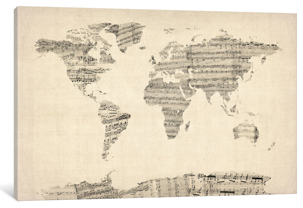 "Old Sheet Music World Map" by Michael Tompsett, 26x18x1.5"