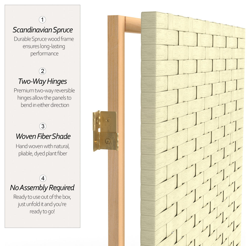 7' Tall Woven Fiber Room Divider, Cream, 8 Panel