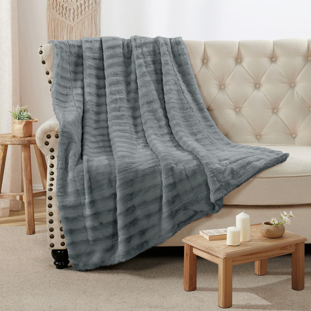 Derby Double Sided Faux Fur Throw Blanket, Charcoal