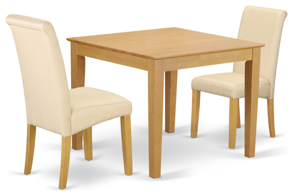 3Pc Square Table With Linen Beige Fabric Parson Chairs With Oak Chair Legs