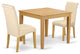 3Pc Square Table With Linen Beige Fabric Parson Chairs With Oak Chair Legs