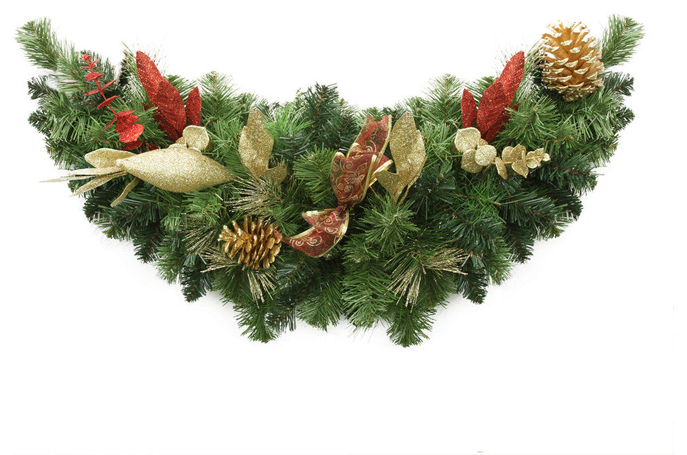 Pre-Decorated Gold Pine Cone Eucalyptus and Red Bow Christmas Swag, 32"