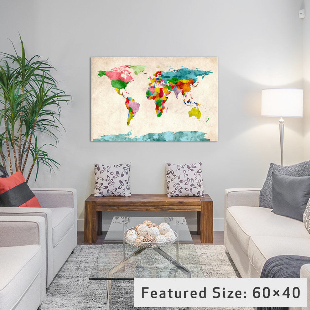 "World Map Watercolors III" Wrapped Canvas Print, 40x26x1.5