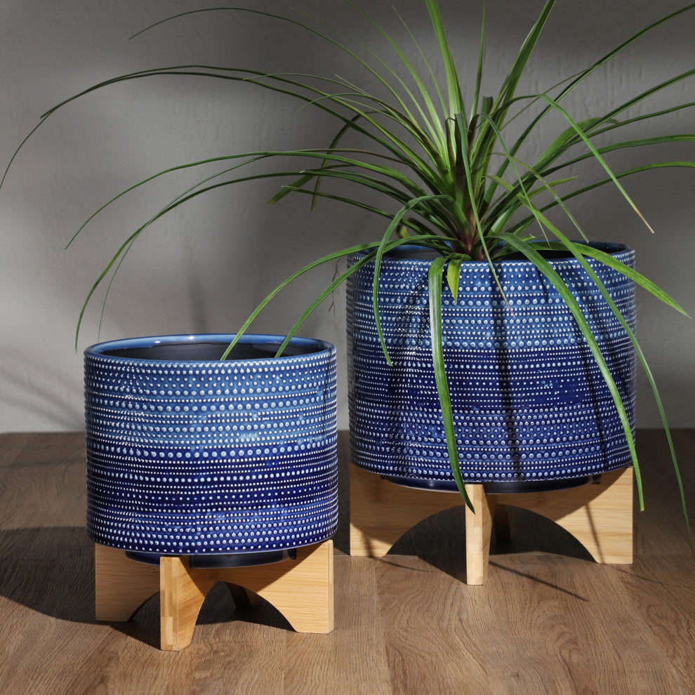 8" Dotted Planter With Wood Stand, Blue
