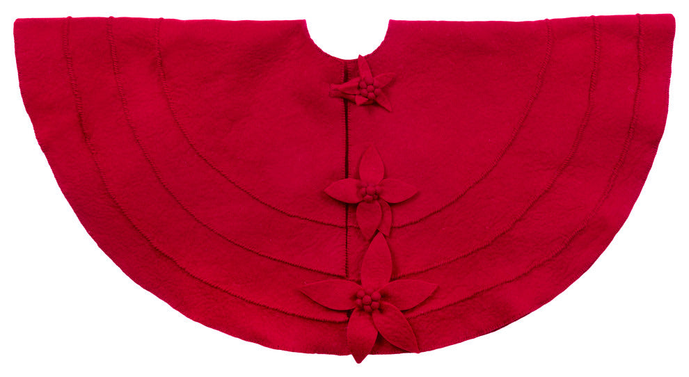 Red Poinsettia Buttons Christmas Tree Skirt in Hand Felted Wool, 60"
