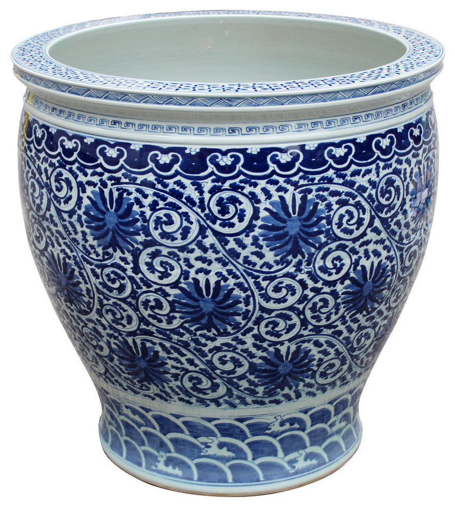 Large Blue and White Porcelain Fish Bowl Lotus Floral Pattern 16"