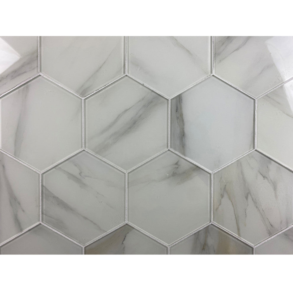 Nature 8 in x 8 in Glass Hexagon Tile in Calacatta White, Set of 20