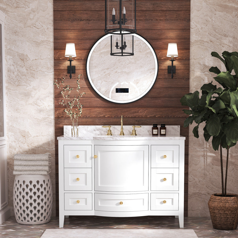 Lauren 48" Vanity Set, White, 48", Gold Hardware, Cararra White Marble Countertop and Mirror