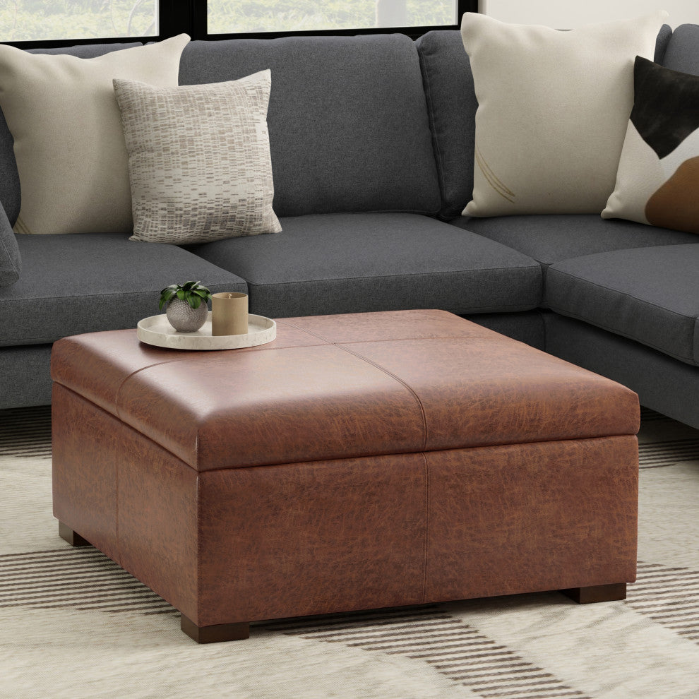 Gabbie Square Coffee Table Storage Ottoman, Distressed Saddle Brown