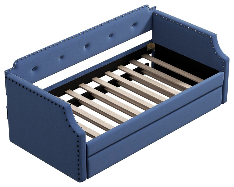 Elegant Linen Upholstered Daybed with Trundle, Blue
