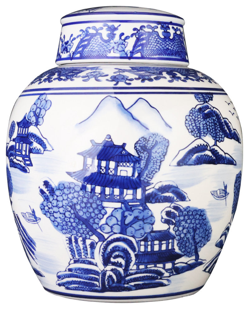 Chinese 9" Ginger Jar, Export Blue and White Porcelain Landscape