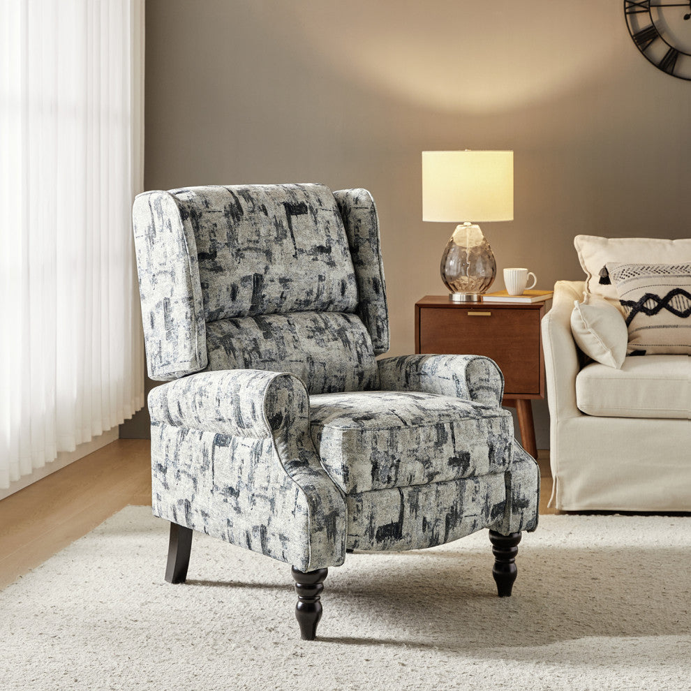 Modern Push-Back Plaid Recliner with Rolled Armrest, Gray