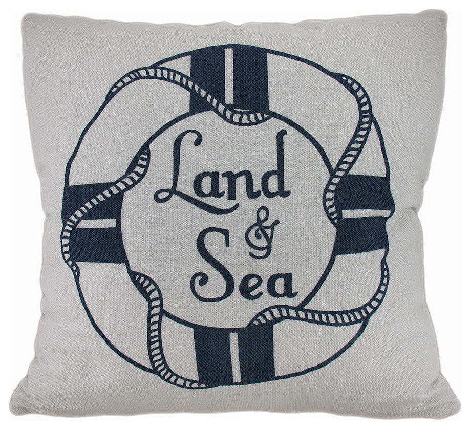 Land and Sea White and Blue Life Preserver Decorative Throw Pillow 16in.