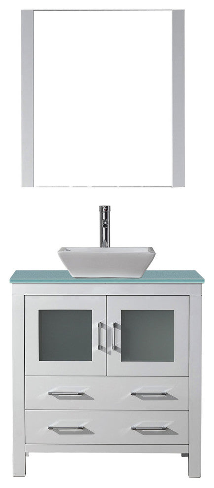 Virtu Dior 32" Single Bathroom Vanity, White, Polished Chrome Faucet, Mirror