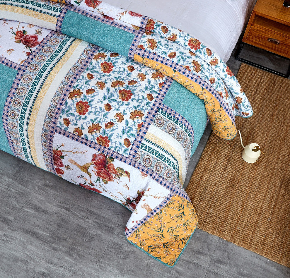 Cotton Pastel Blue Yellow Old World Hummingbirds Garden Patchwork Quilt, King