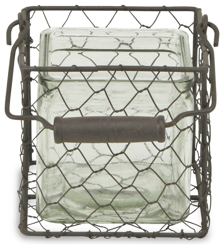 Square Wire Basket With Glass Jar, Brown, Large, Medium
