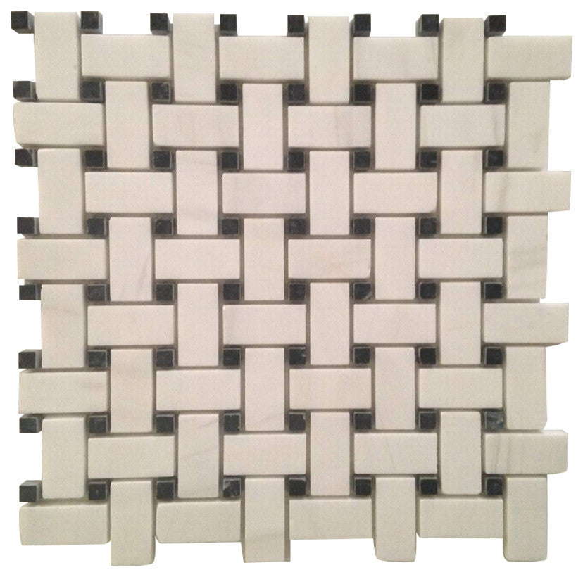 12"x12" Thassos White Greek Marble Honed Basketweave Mosaic Tile, Black Marble