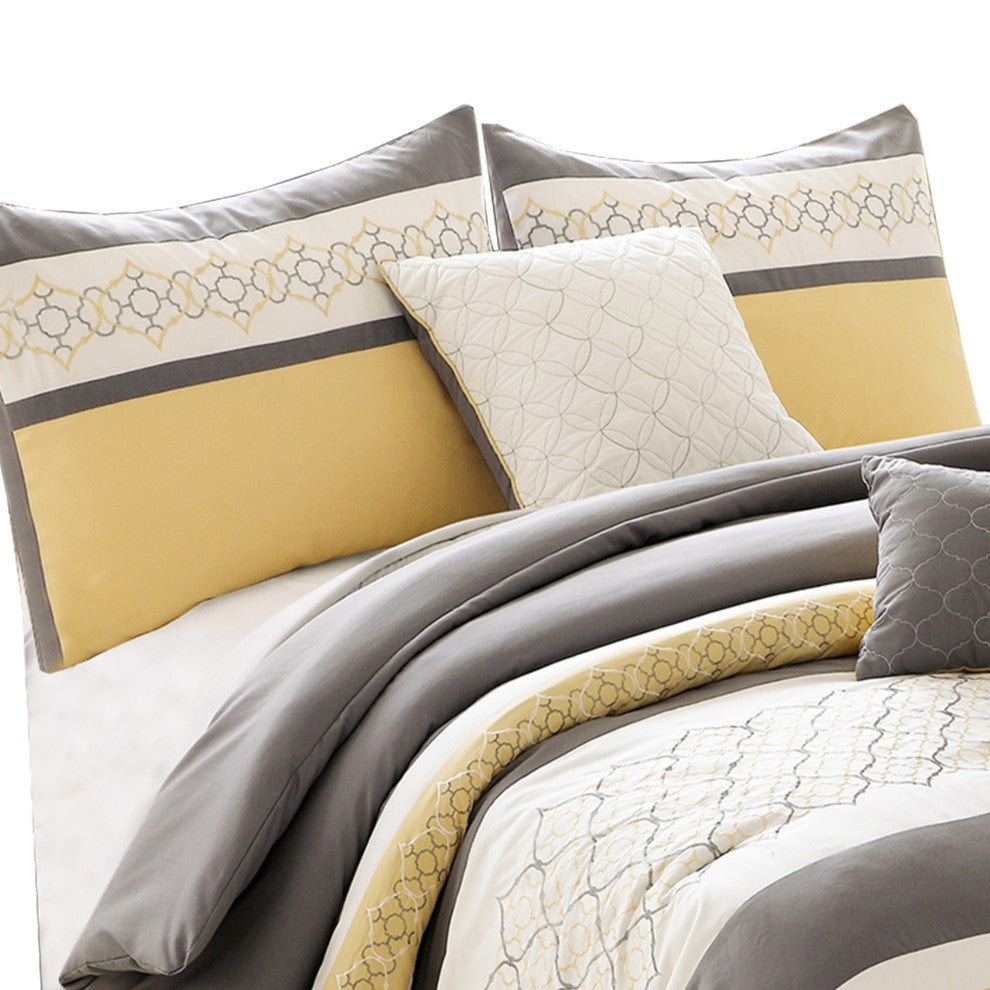 Benzara BM225207 King Size 7 Piece Fabric Comforter Set, Yellow and Gray
