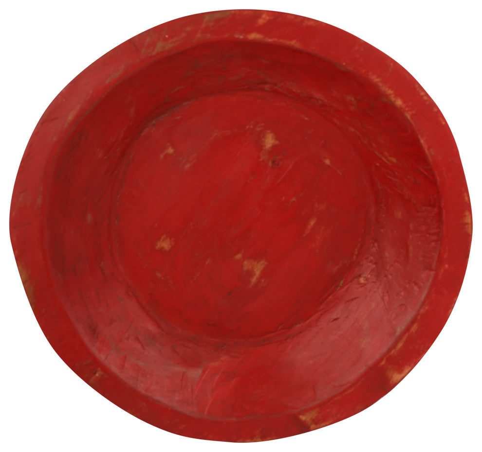 Painted Round Rustic Farmhouse Wooden Dough Bowl, Red, Round