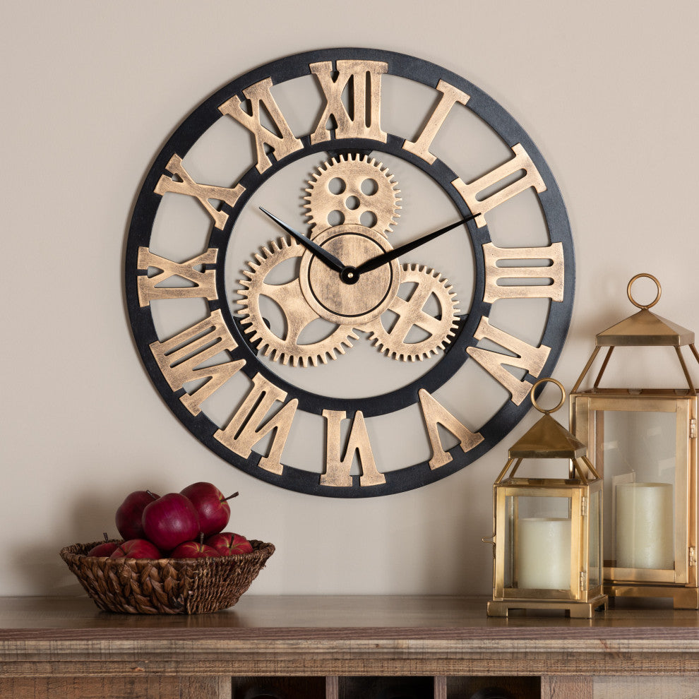 Industrial Vintage Style Black and Distressed Brown Finished Wood Wall Clock