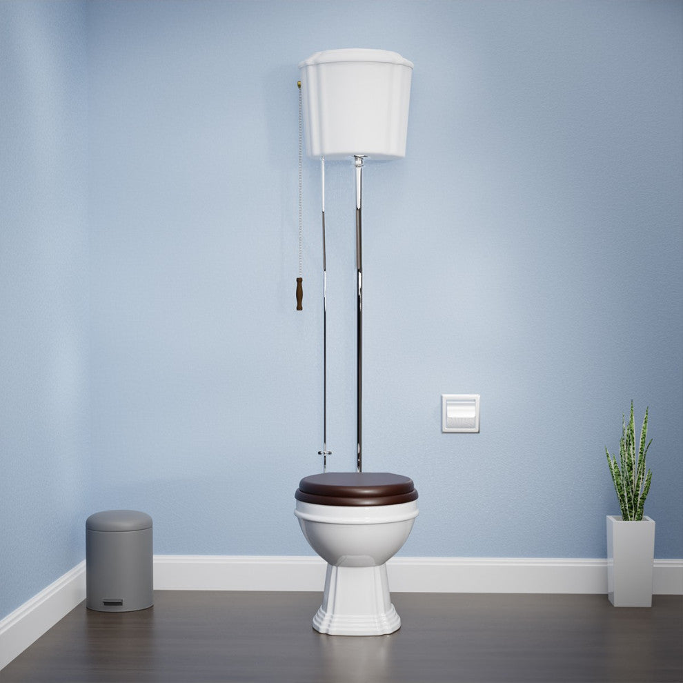 White High Tank Pull Chain Toilet Round Bowl with Chrome L-Pipe Victorian Style