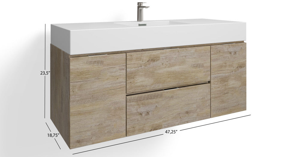 Boutique Bath Vanity, Natural Wood, 48", Single Sink, Wall Mount