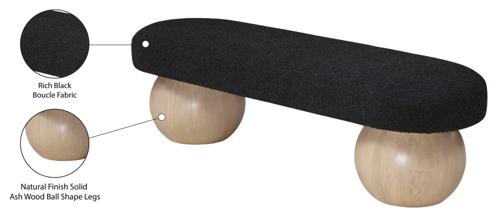 Meridian Furniture Bowie Boucle Fabric Upholstered Bench, Black, Natural Finish