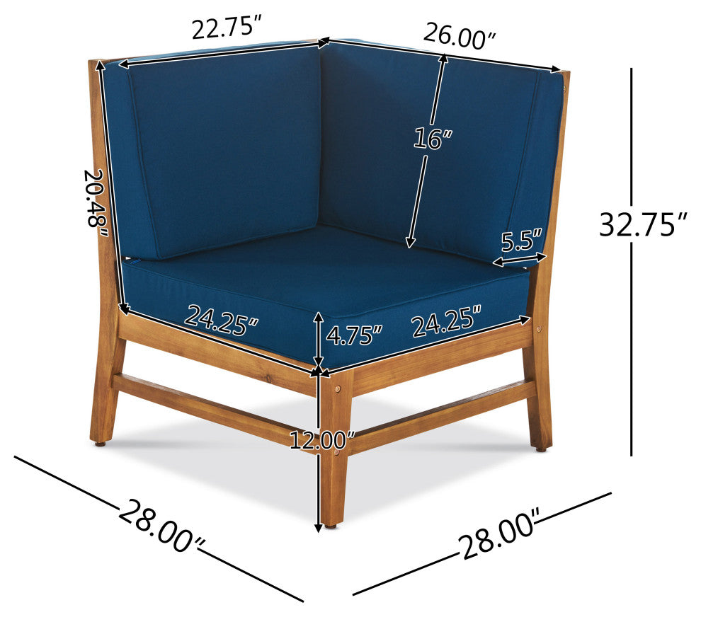 Outdoor 5-Seat V Shaped Acacia Sectional With Table, Blue