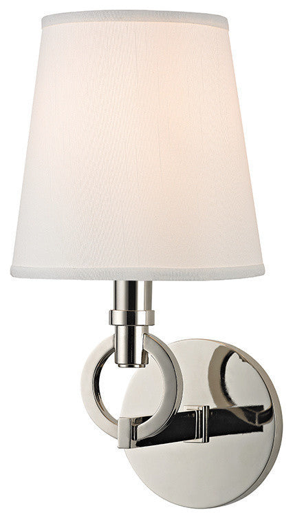 Malibu, One Light Wall Sconce, Polished Nickel Finish, White Faux Silk Shade