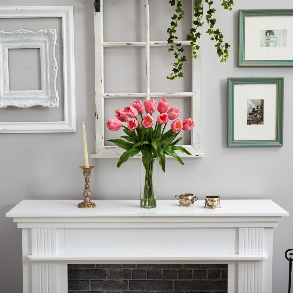 23in. Artificial Tulip Arrangement with Cylinder Glass Vase