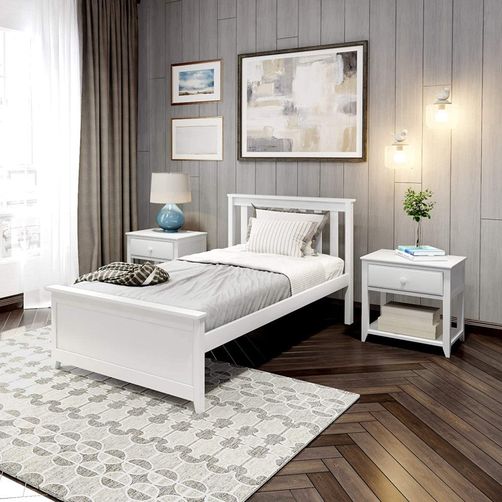 Classic Platform Bed, White Pine Wood Construction & Slatted Headboard, Twin