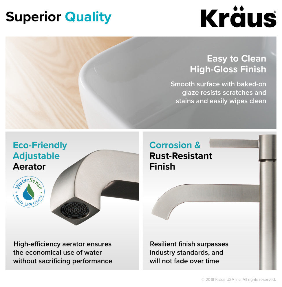 Elavo Square Ceramic Vessel Sink, Bathroom Ramus Faucet, PU Drain, Satin Nickel