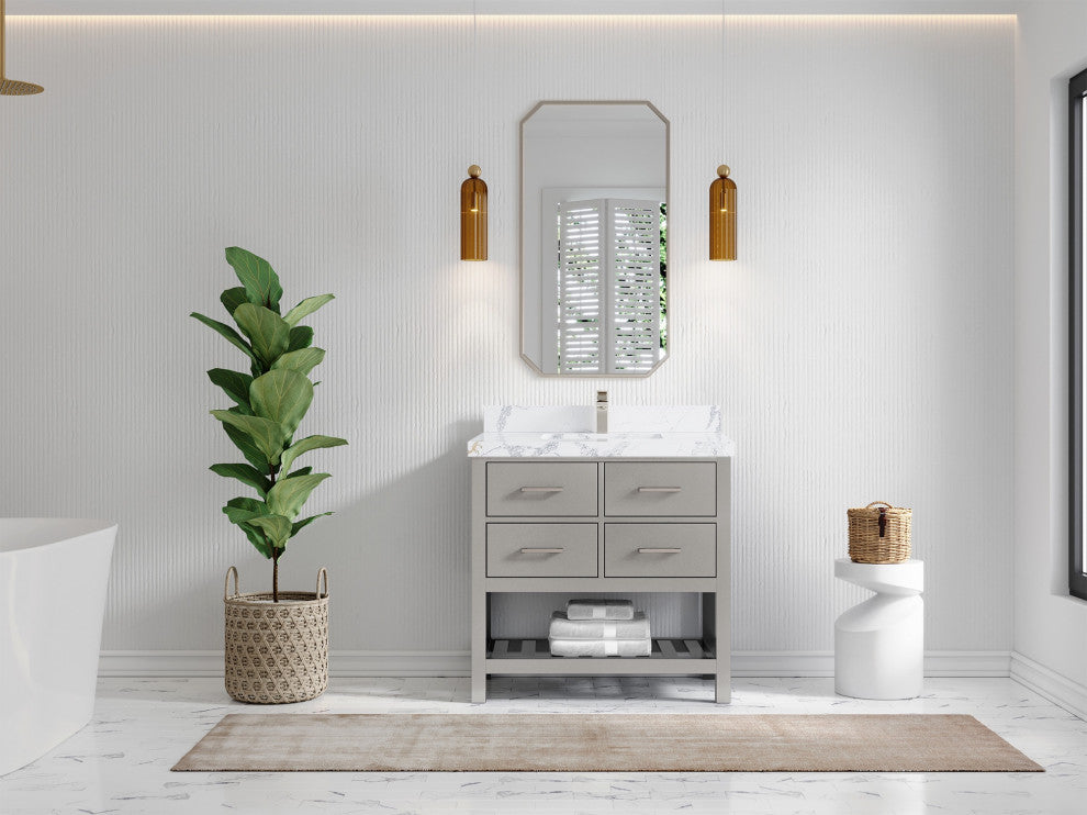 Parker 36" Single Sink Bath Vanity, Elephant Skin Gray 2" Calacatta Poanazzo