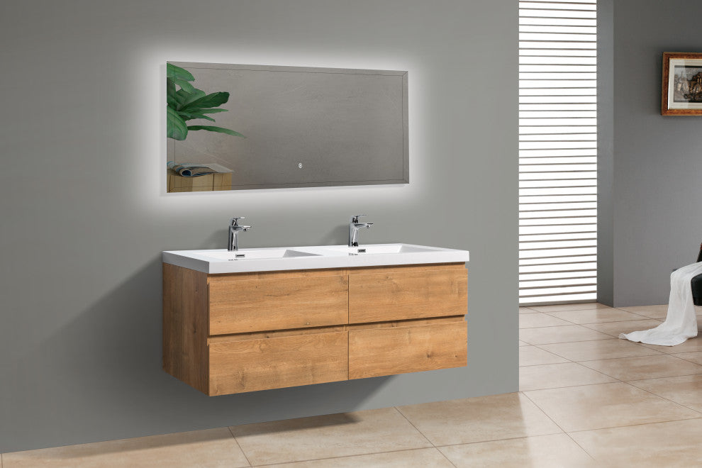 Alma-Pre 4 Drawers Wall Mount Vanity, Integrated White Sink, Natural Oak, 60"