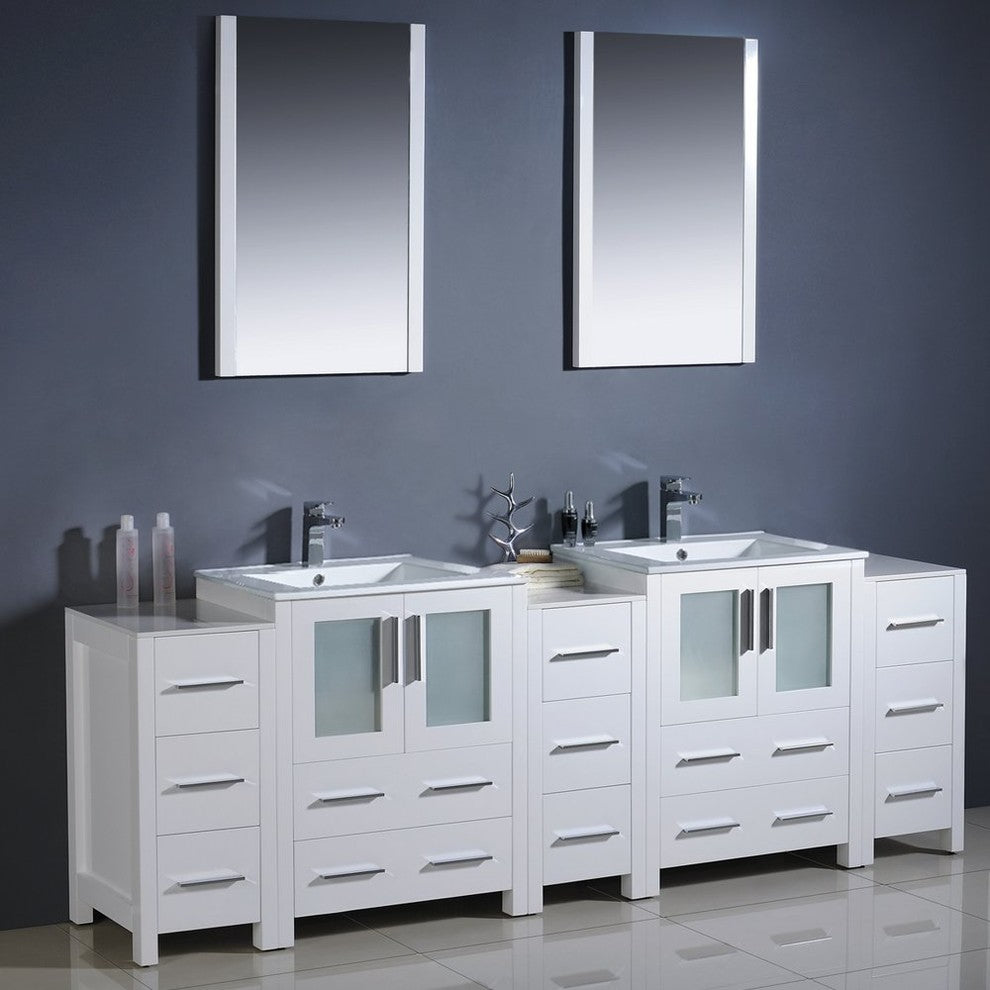 Torino 84" White Modern Double Sink Bathroom Vanity, Faucet FFT3811CH
