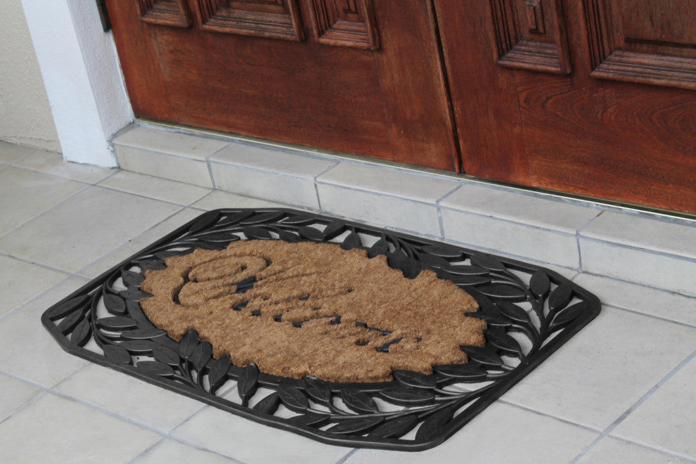 A1HC Welcome Stylish Leaf Border Rubber and Coir Outdoor Doormat, 23"x38", Black