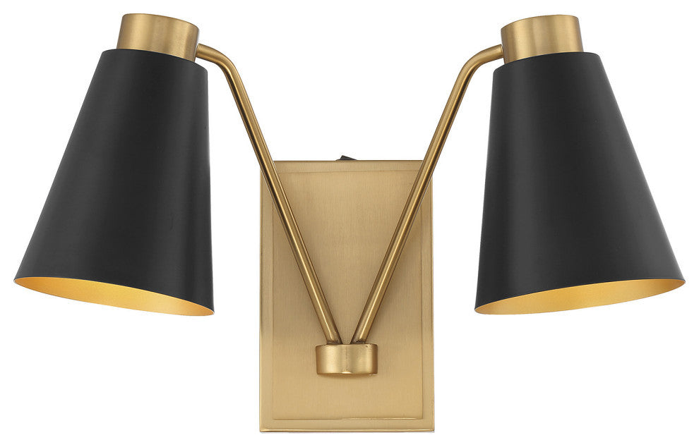 2-Light Wall Sconce, Matte Black With Natural Brass