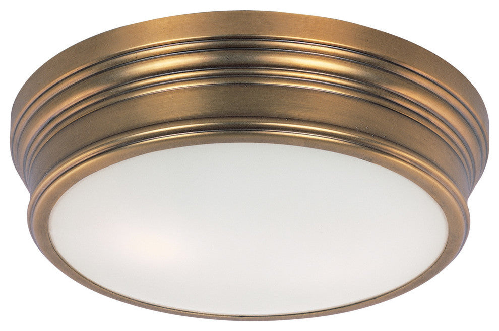 Fairmont 2-Light Flush Mount, Natural Aged Brass, Satin White Fabric