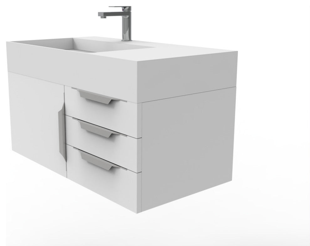 CastelloUSA Amazon 36" Wall Mount Vanity Set, White, White Top, Brushed Nickel