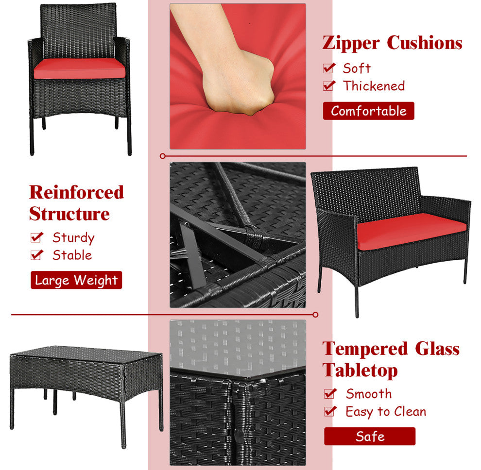 Costway 4PCS Patio Rattan Furniture Set Cushioned Sofa Coffee Table Red