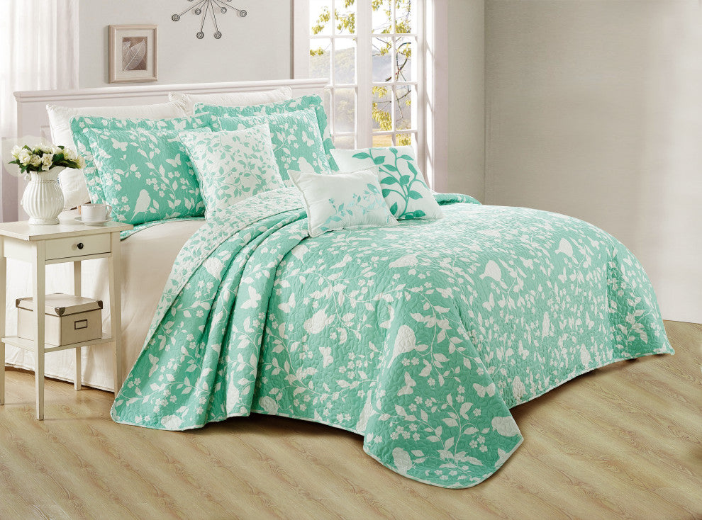 Birdsong 6-Piece Bed Spread Set, Green, Jumbo King / Cal King, 122"x106"
