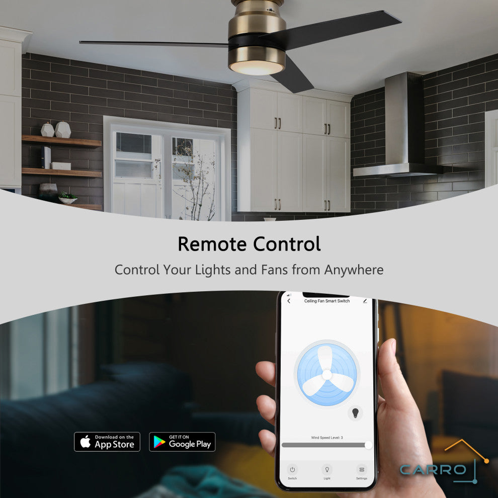 Carro 52'' Indoor Ceiling Fan with Light Wall Control and Remote by Wifi App, Golden