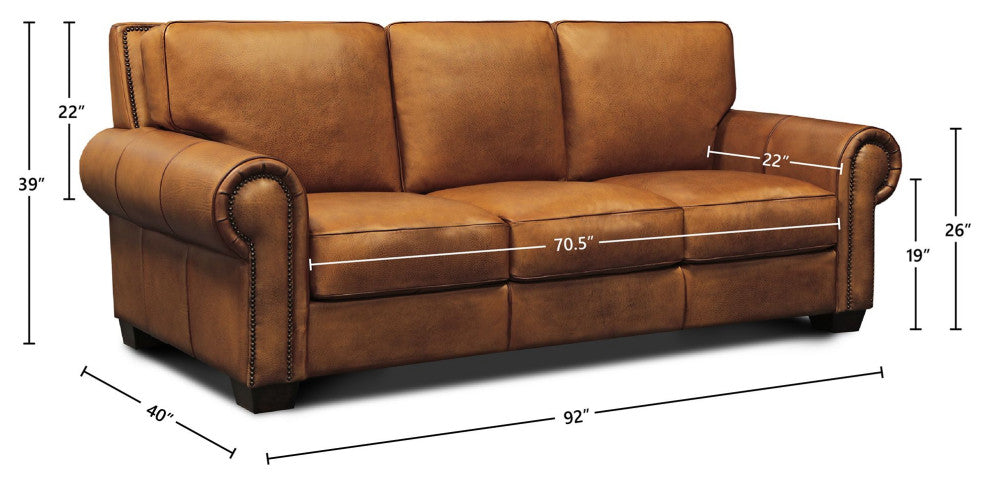 Valencia 100% Top Grain Hand Antiqued Leather Traditional Sofa, Tan