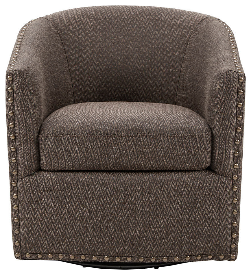 Madison Park Tyler Upholstered Swivel Barrel Chair with Nailheads, Chocolate
