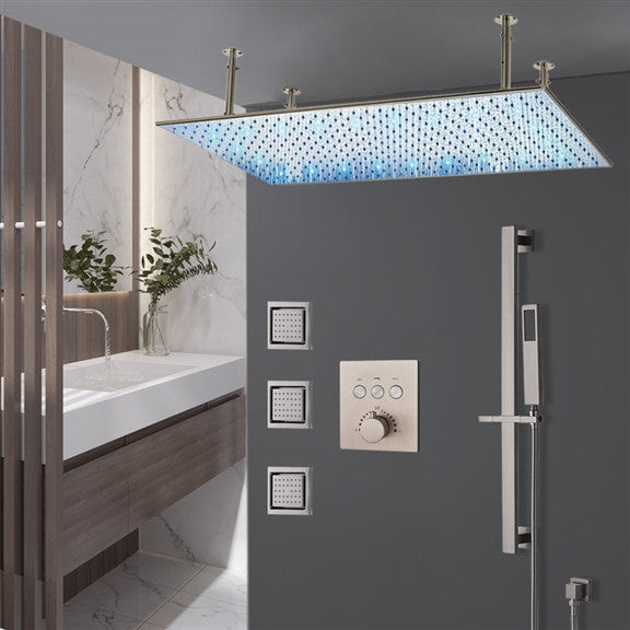 Monreale 20"x40" Brushed Nickel Rainfall Shower System and 3 Body Jets, Led