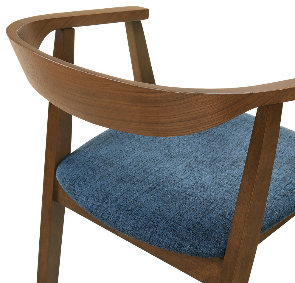 Santana 7-Piece Round Walnut Wood Dining Table Set With Blue Fabric