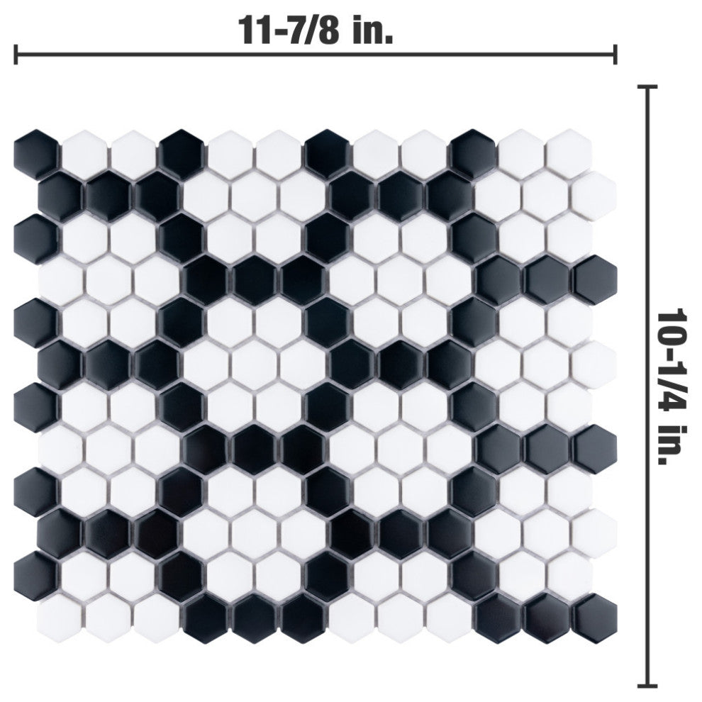 Metro 1" Hex Porcelain Mosaic Floor and Wall Tile, Wht Blk Hncom