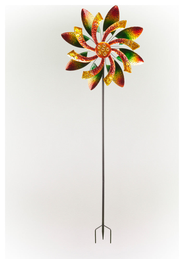64" Tall Floral Windmill Stake with Jeweled Kinetic Spinner, Green and Orange