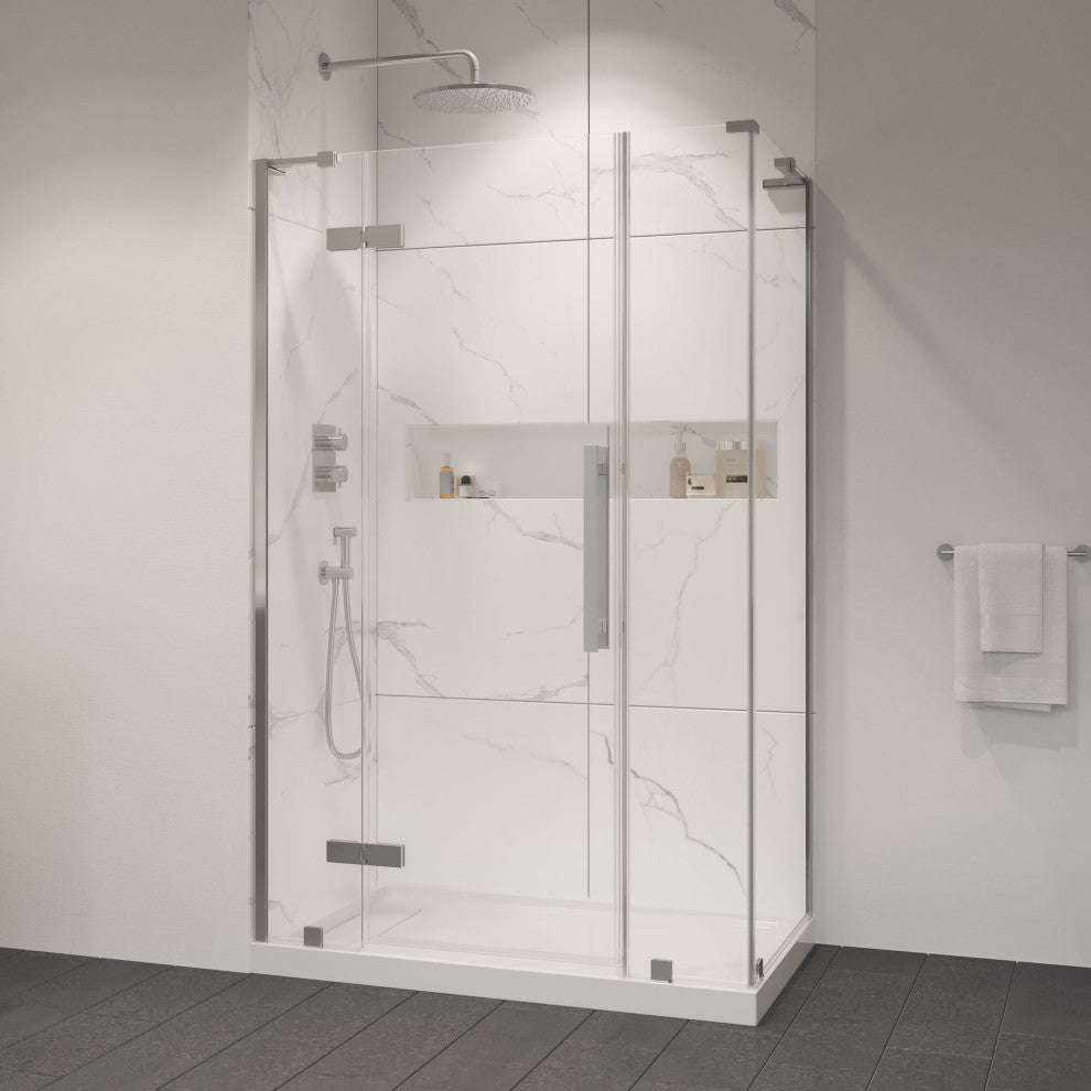 Tampa Corner Frameless Pivot Hinge Shower Door Kit With Base Pan, Satin Nickel, 48x36"